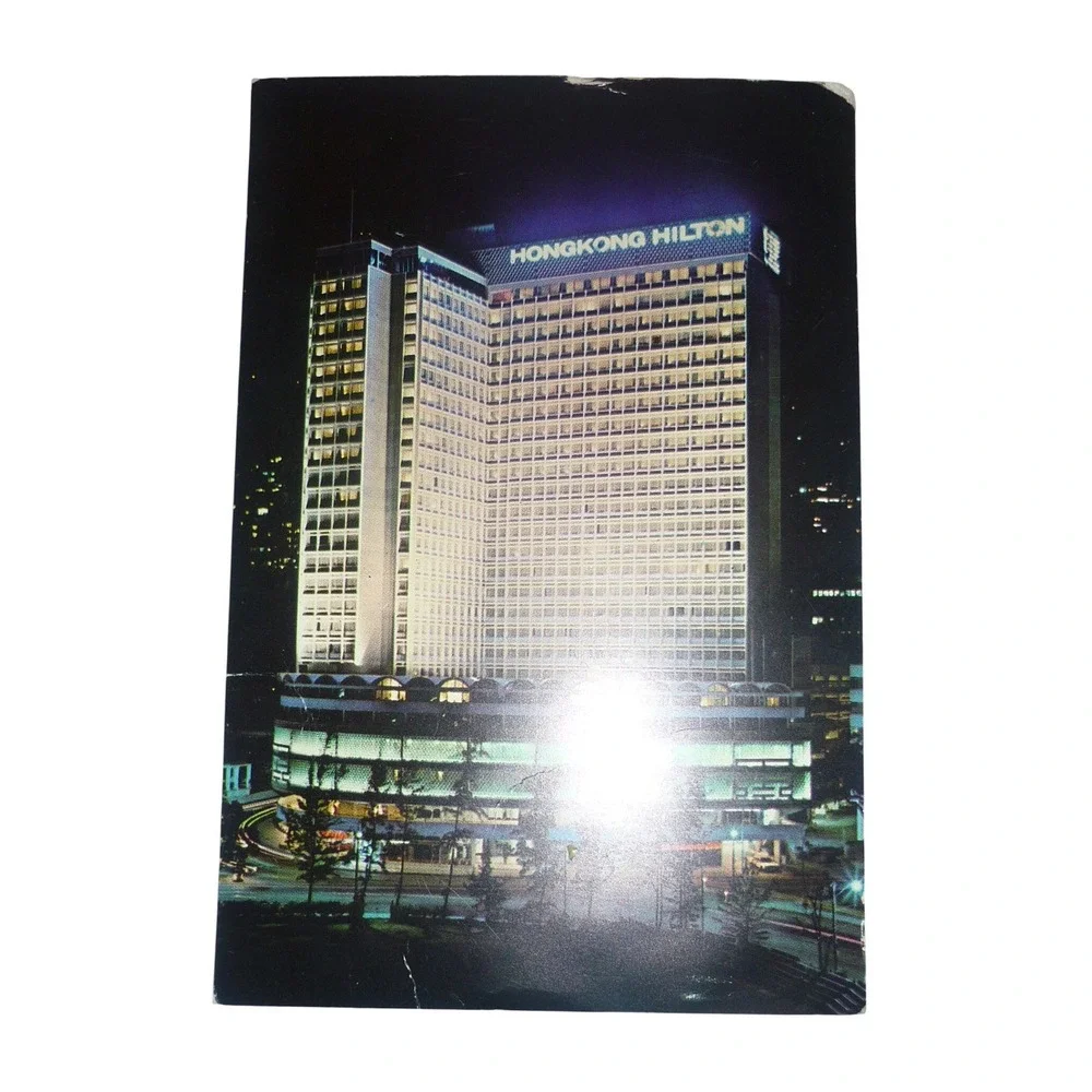 Vintage Hong Kong Hilton Night Postcard Beaconsfield House Postmark QEII Stamp